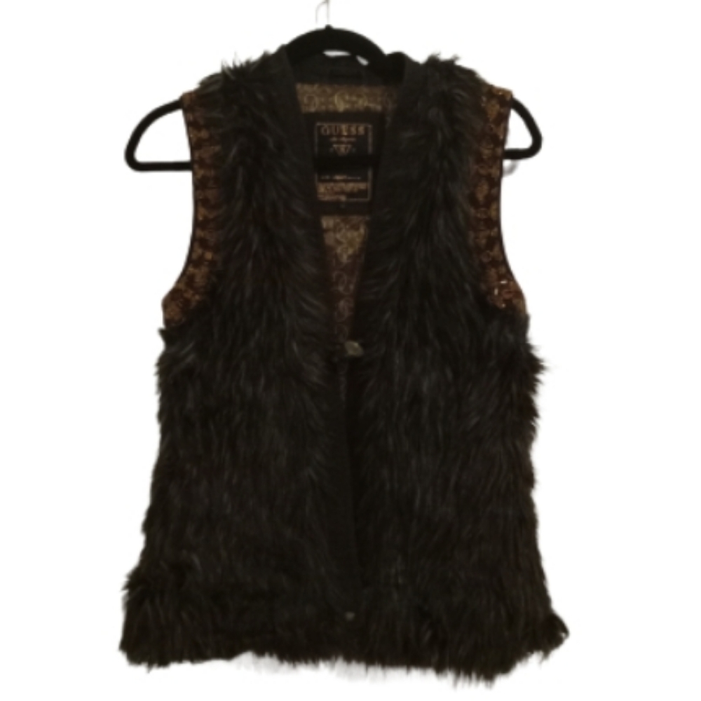 Guess Faux Fur Embellished Y2K Beaded Sleeveless Jacket Vest Mob Wife